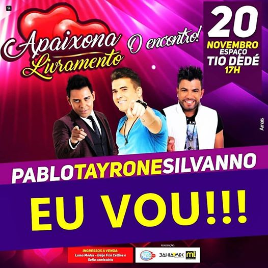 APAIXONA LIVRAMENTO SERÁ DIA 20 DE NOVEMBRO NO CLUBE TIO DEDÉ