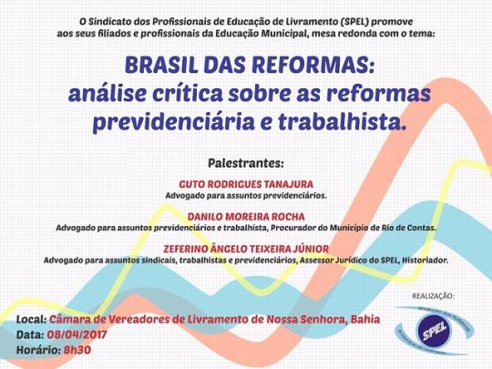 LIVRAMENTO: SPEL PROMOVE DEBATE SOBRE AS REFORMAS PREVIDENCIÁRIA E TRABALHISTA NO PRÓXIMO SÁBADO (08)