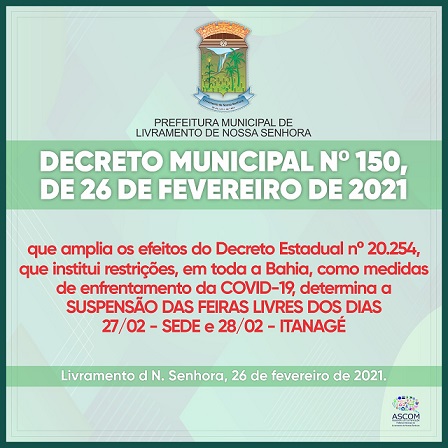 LIVRAMENTO: PREFEITURA SUSPENDE FEIRA LIVRE DESTE SÁBADO (27) NA SEDE E DOMINGO (28) NO DISTRITO DE ITANAGÉ