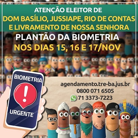 ELEITORES: ATENÇÃO PARA O PLANTÃO DA BIOMETRIA NOS DIAS 15, 16 E 17 DE NOVEMBRO