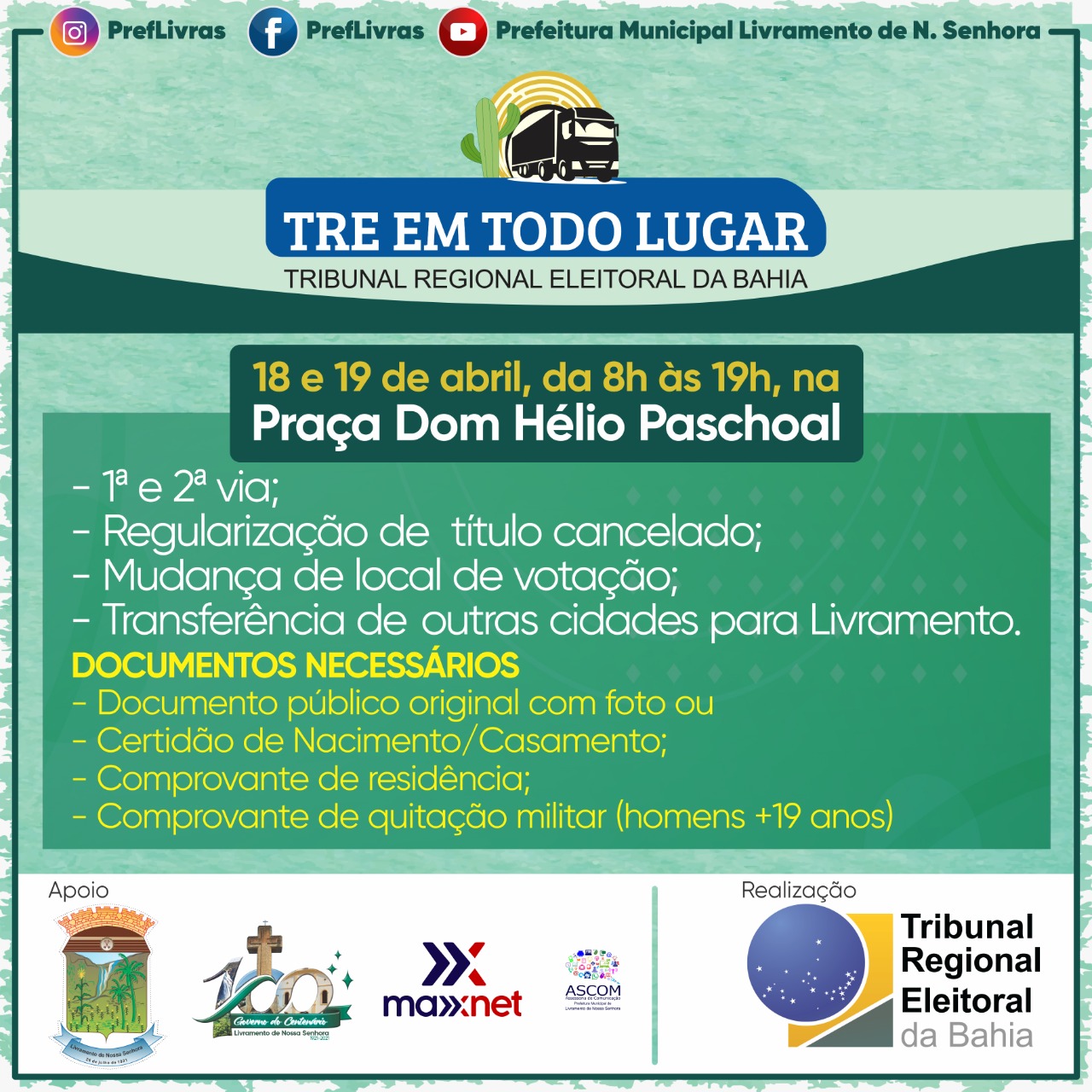 Livramento: Justiça Eleitoral faz atendimento em unidade móvel nesta segunda e terça-feira (18 e 19)