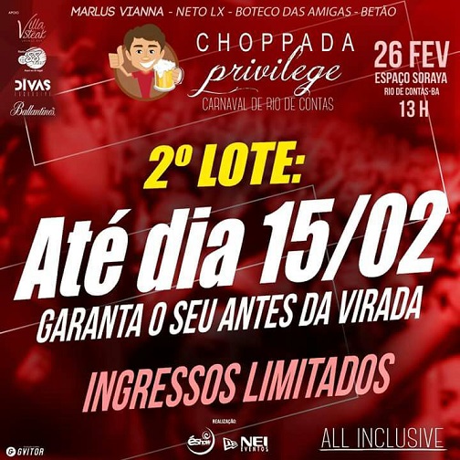 CHOPPADA PRIVILEGE: 2º LOTE ESTÁ SE ESGOTANDO; ADQUIRA LOGO O SEU ATÉ O DIA 15/02