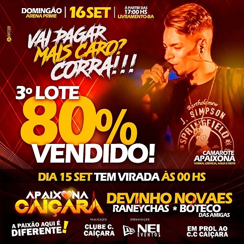 APAIXONA CAIÇARA: 3º LOTE ESTÁ SE ESGOTANDO; ADQUIRA LOGO O SEU INGRESSO!