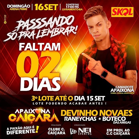 APAIXONA CAIÇARA: FALTAM 02 DIAS; ADQUIRA LOGO O SEU INGRESSO