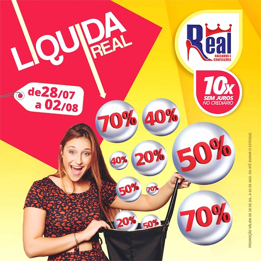 REAL CALÇADOS REALIZA MEGA LIQUIDAÇÃO COM ATÉ 70% DE DESCONTO E PAGAMENTO EM 10X SEM JUROS
