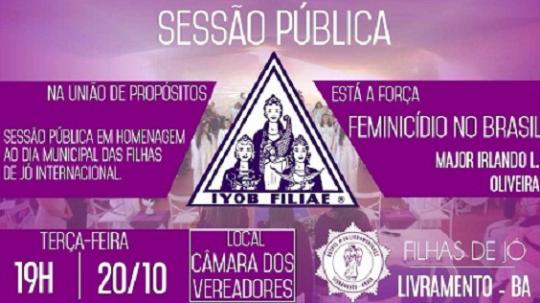 ACONTECE HOJE NA CÂMARA MUNICIPAL SESSÃO PÚBLICA PARA COMEMORAR DIA DAS FILHAS DE JÓ