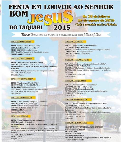 CONFIRA A PROGRAMAÇÃO DA FESTA EM LOUVOR AO BOM JESUS DO TAQUARI