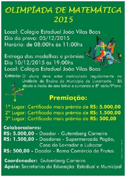 LIVRAMENTO: OLIMPÍADA DE MATEMÁTICA SERÁ REALIZADA EM DEZEMBRO COM PREMIAÇÃO DE R$ 7.000,00