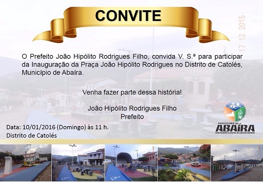 ABAÍRA: INAUGURAÇÃO DE PRAÇA NO DISTRITO DE CATOLÉS SERÁ NESTE DOMINGO, 10/01/2016