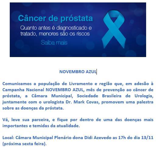 Livramento: Câmara de Vereadores apoia “Novembro azul” de prevenção ao câncer de próstata