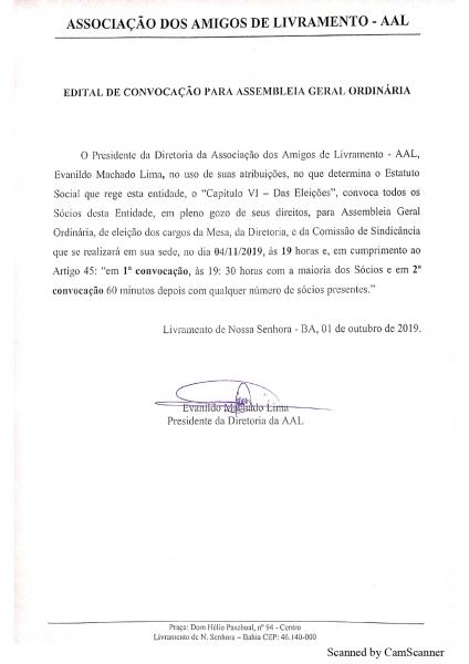 EDITAL DE CONVOCAÇÃO PARA ASSEMBLÉIA GERAL ORDINÁRIA DA AAL (ASSOCIAÇÃO DOS AMIGOS DE LIVRAMENTO