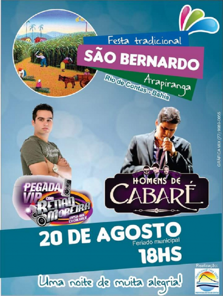 RIO DE CONTAS: FESTA EM LOUVOR A SÃO BERNARDO ACONTECE DIA 20 DE AGOSTO EM ARAPIRANGA