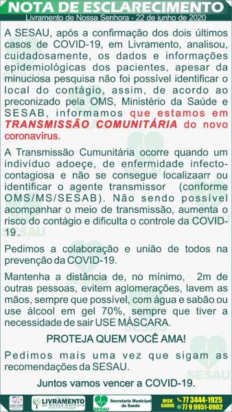 LIVRAMENTO: PREFEITURA ALERTA SOBRE POSSÍVEL CONTAMINAÇÃO COMUNITÁRIA PELO NOVO CORONAVÍRUS
