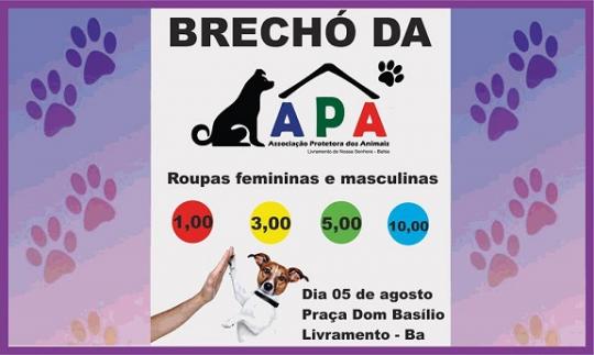 ASSOCIAÇÃO PROTETORA DOS ANIMAIS (APA) REALIZA BRECHÓ NESTA SEXTA-FEIRA 05 DE AGOSTO