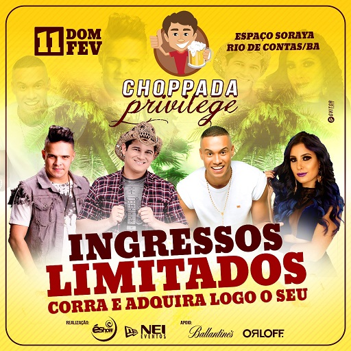  É NESTE DOMINGO: CHOPPADA PRIVILEGE ALL INCLUSIVE EM RIO DE CONTAS