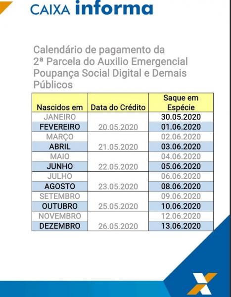 ATENÇÃO: CAIXA DIVULGA  CALENDÁRIO DE PAGAMENTO DA 2ª PARCELA DO AUXÍLIO EMERGÊNCIAL