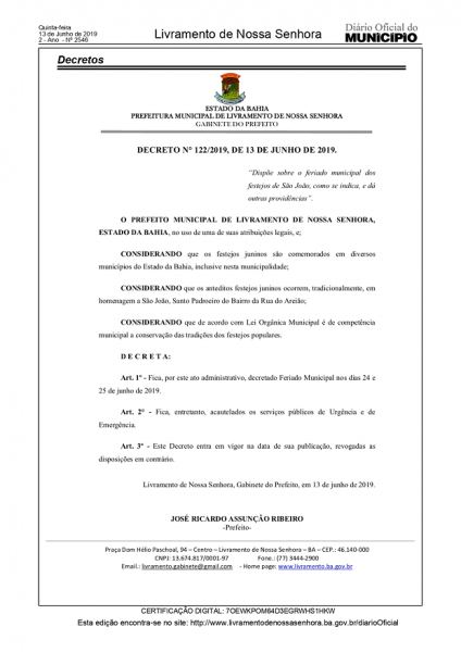 LIVRAMENTO: PREFEITURA DECRETA FERIADO MUNICIPAL DIAS 24 E 25 DE JUNHO DE 2019