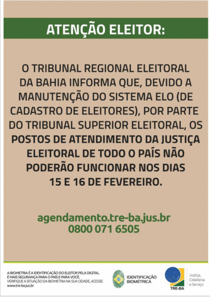 ATENÇÃO ELEITOR: POSTOS DA JUSTIÇA ELEITORAL NÃO ATENDERÃO DIAS 15 E 16 DE FEVEREIRO
