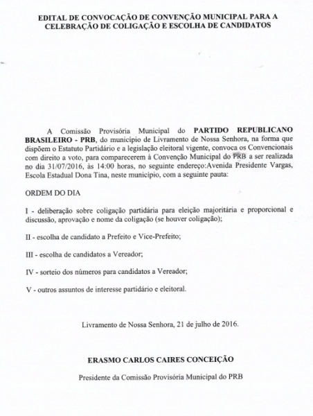 Eleições 2016: PRB de Livramento de Nossa Senhora realizará Convenção dia 31 de julho