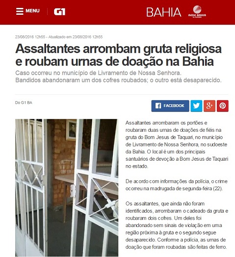 MATÉRIA DO PORTAL LIVRAMENTO SOBRE ARROMBAMENTO À GRUTA DO BOM JESUS DO TAQUARI REPERCUTE NA MÍDIA REGIONAL