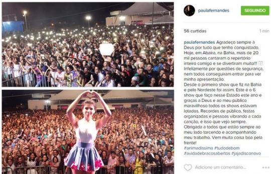 Paula Fernandes mostra foto de show lotado após cancelamento na Bahia