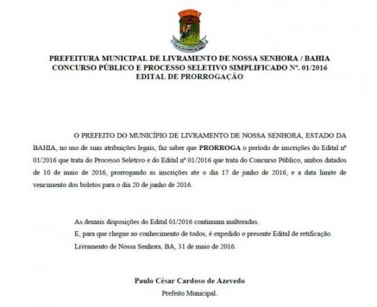 CONCURSO PÚBLICO: Prorrogado o prazo de inscrições para concurso da Prefeitura de Livramento.