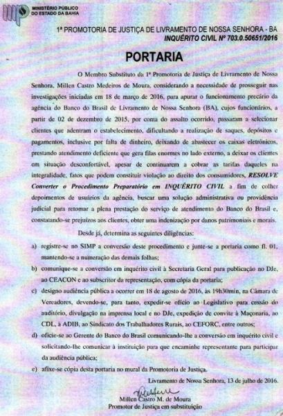LIVRAMENTO: MINISTÉRIO PÚBLICO CONVERTEU PROCEDIMENTO PREPARATÓRIO EM INQUÉRITO CIVIL PARA APURAR ATENDIMENTO DA AGÊNCIA DO BANCO DO BRASIL