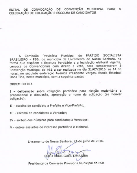 Eleições 2016: PSB de Livramento de Nossa Senhora realizará Convenção dia 31 de julho